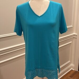 NWT! Chico's Teal Knit Top with Eyelet Ruffle